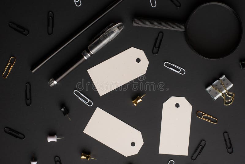Flat Lay, Black Style. Layout with White Gift Tags, Stationery