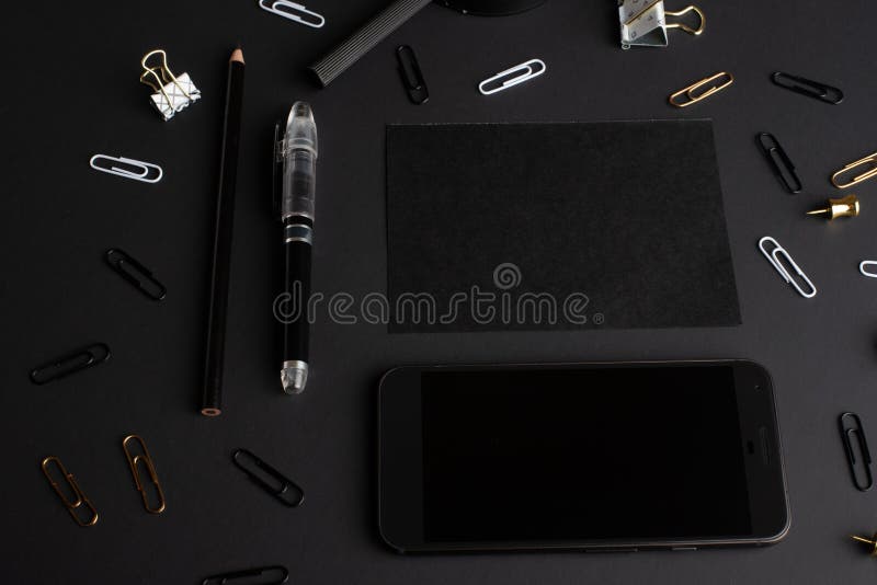 Flat Lay, Black  of Stationery Accessories Mock Up on Black  Background, Phone, Black Card Stock Photo - Image of information,  accessories: 154217928