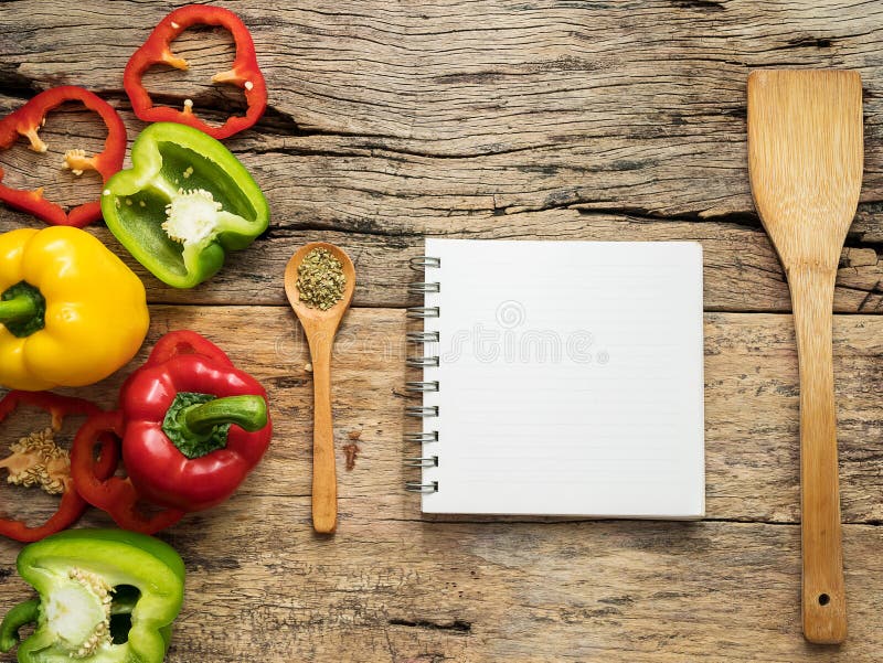 Flat Lay of Blank Recipe Cooking Book and Utensils with Herbs Stock ...