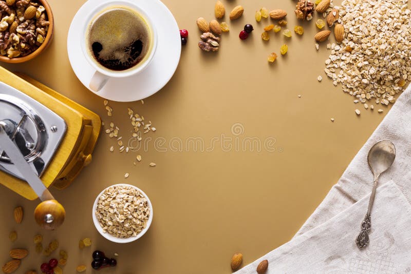 Flat lay of breakfast meal with coffee and oat