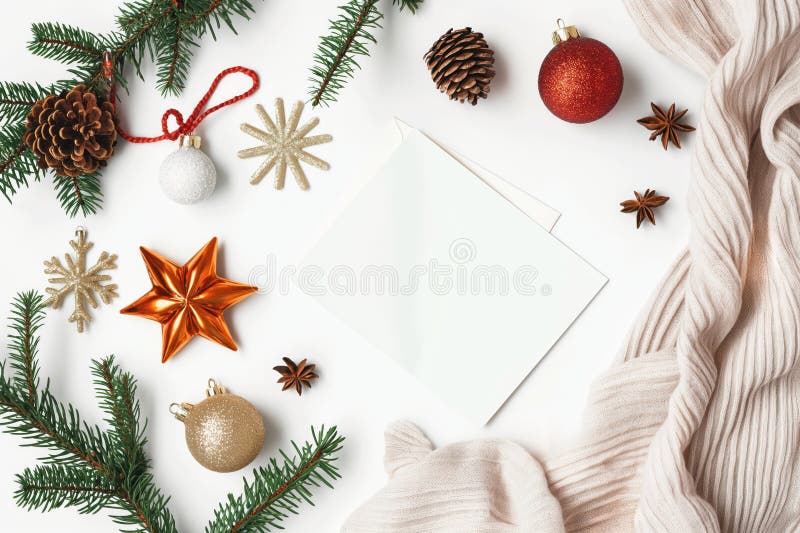 Flat lay of Christmas decorations on white background. Blank card, festive objects, ornaments in minimal setup. Space for text. stock illustration