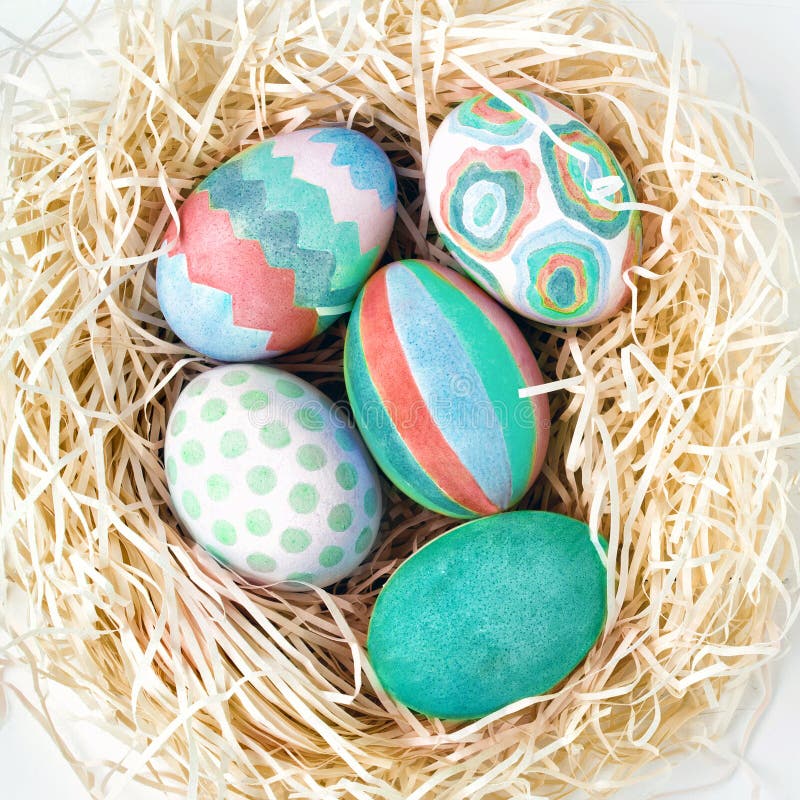 Flat Lay of Colorful Easter Eggs in Nest Stock Photo - Image of ...