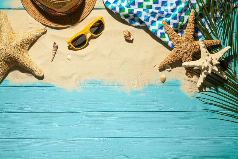 Flat Lay Composition with Beach Objects, Sand and Space Background ...