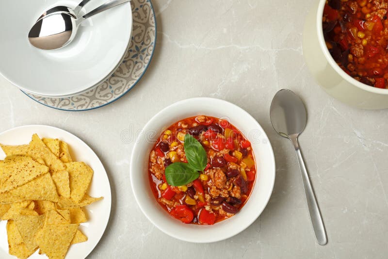 Flat Lay Composition with Chili Con Carne and Tortilla Chips Stock ...