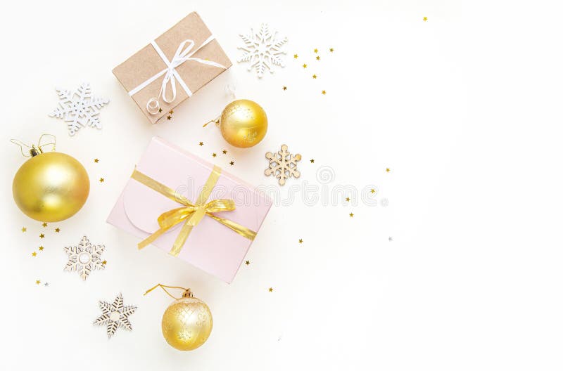 Flat lay composition. Christmas accessories and decorations on white background