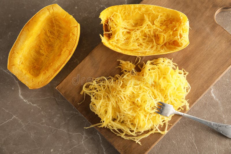 Flat lay composition with cooked spaghetti squash stock photography