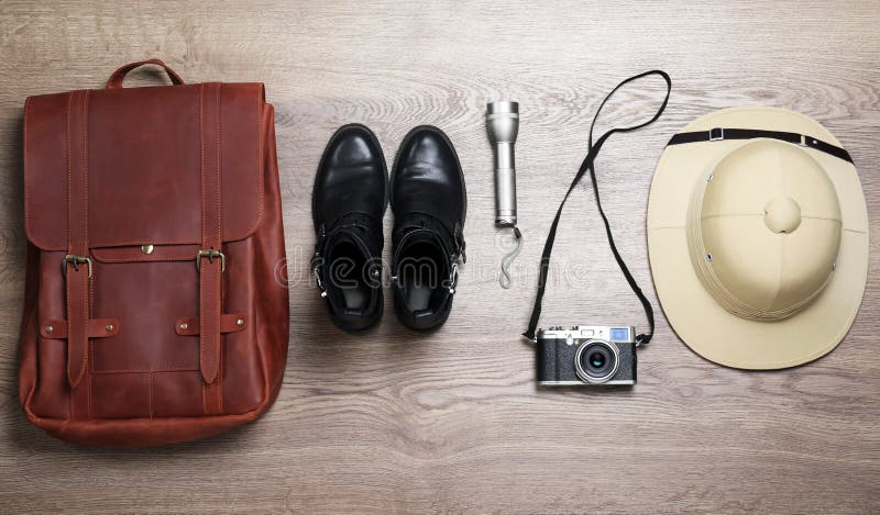 Flat Lay Composition with Different Safari Accessories on Wooden ...