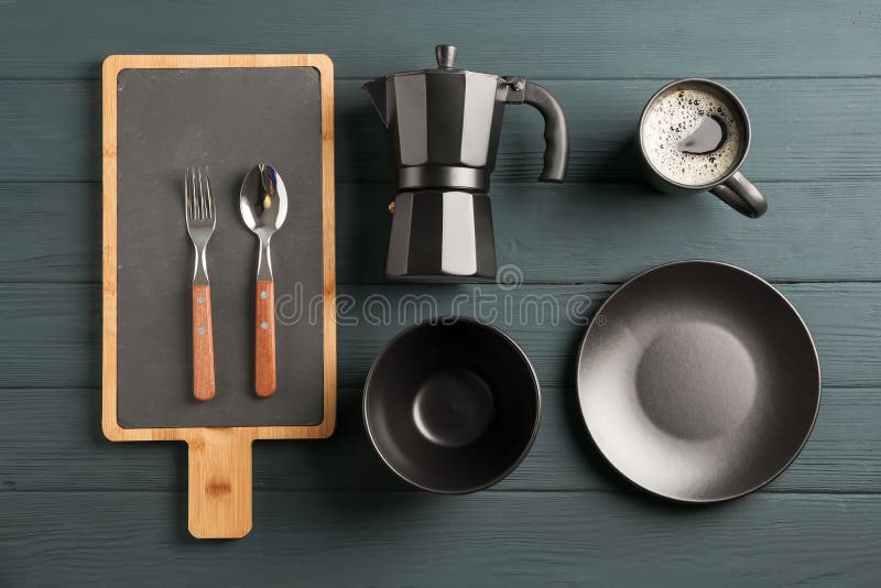 Flat Lay Composition with Dishes and Cup of Coffee Stock Photo Image