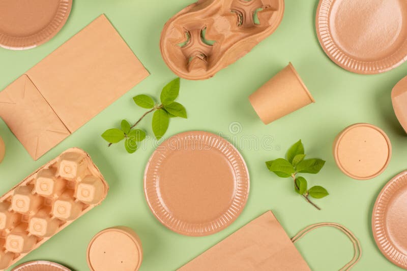 Flat Lay Composition with Eco-friendly Tableware and Kraft Paper Food  Packaging on Green Background. Sustainable Packaging, Stock Image - Image  of cardboard, ecological: 217830797