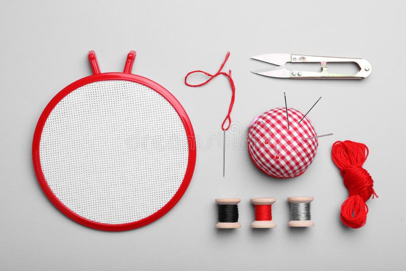 Flat Lay Composition with Embroidery Hoop on Light Grey Background