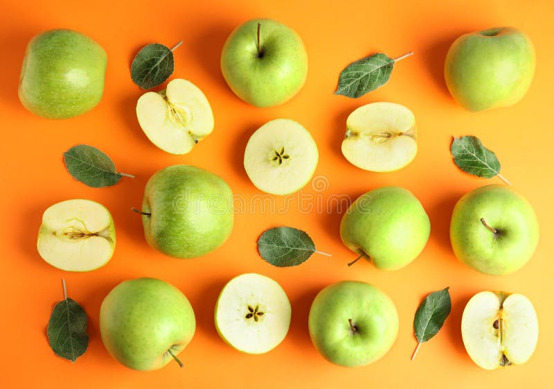 Flat lay composition of fresh ripe green apples on background stock image