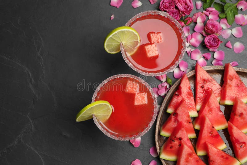 Flat Lay Composition with Fresh Watermelon Juice and Rose Petals on