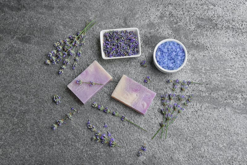 Flat lay composition with hand made soap bars and lavender flowers royalty free stock photos Flat lay composition with hand made soap bars and lavender flowers royalty free stock photos