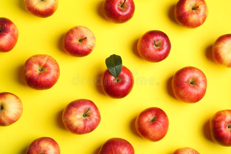 Flat lay composition with many red apples on yellow background stock images