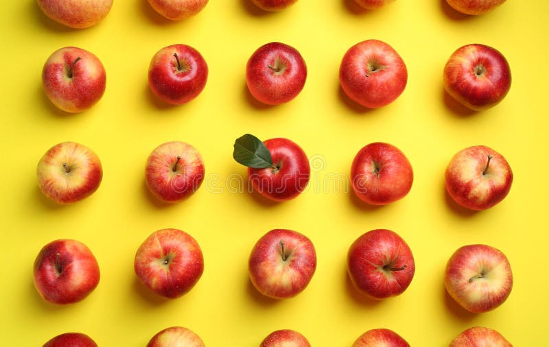 Flat lay composition with many red apples on yellow background stock photos