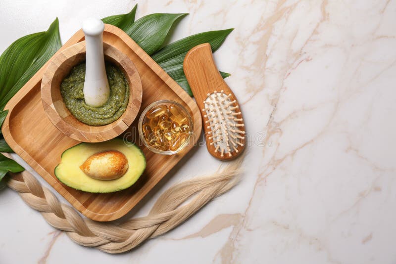 Flat Lay Composition with Natural Ingredients for Hair Care on Marble  Background Stock Photo - Image of ingredient, health: 151357586