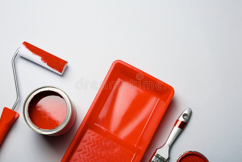 Flat lay composition with paint can, decorator tools and space for text royalty free stock images Flat lay composition with paint can, decorator tools and space for text royalty free stock images
