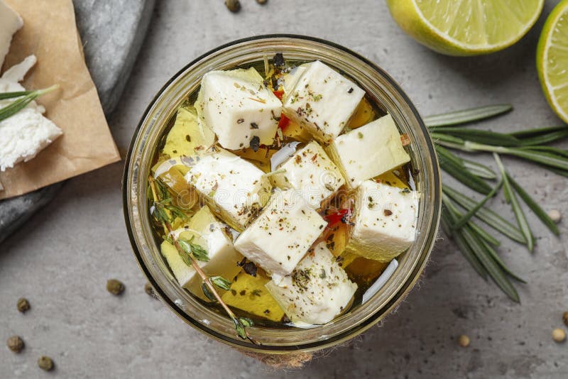 Flat Lay Composition with Pickled Feta Cheese in Jar Stock Image