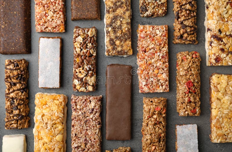 Flat lay composition with protein bars stock photos