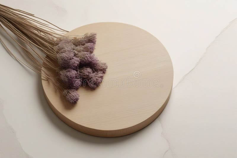 Raw Wood Platform with Dried Flowers and Soft Cream Background, Copy Space stock illustration