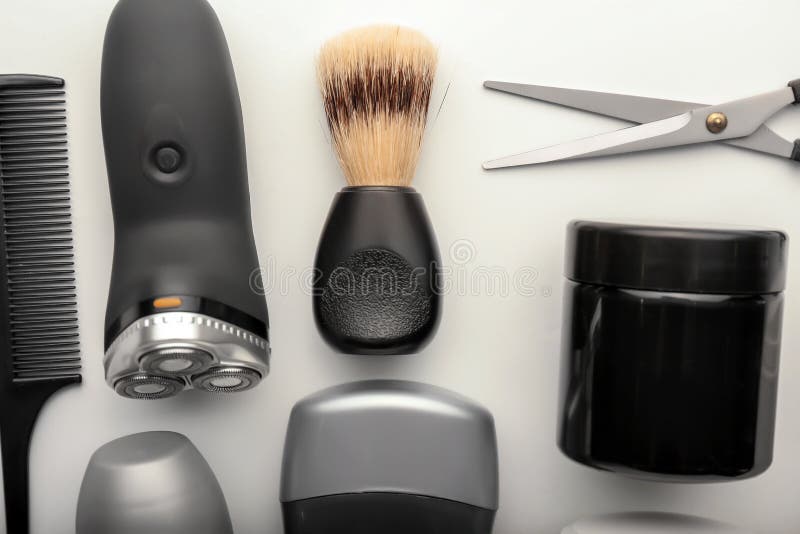 Flat lay composition with shaving accessories and cosmetics for men on white background royalty free stock photography Flat lay composition with shaving accessories and cosmetics for men on white background royalty free stock photography