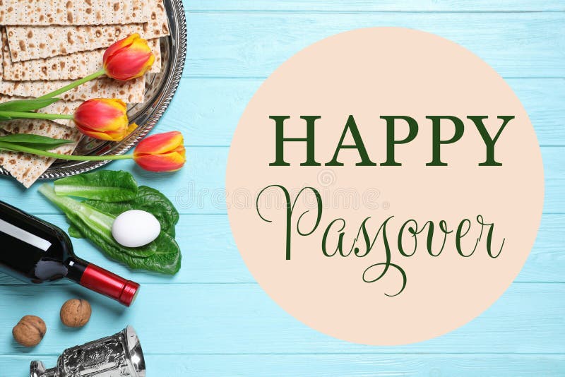 Flat lay composition with symbolic Pesach Passover Seder items on light blue wooden table. Symbolic stock images, royalty-free photos and pictures