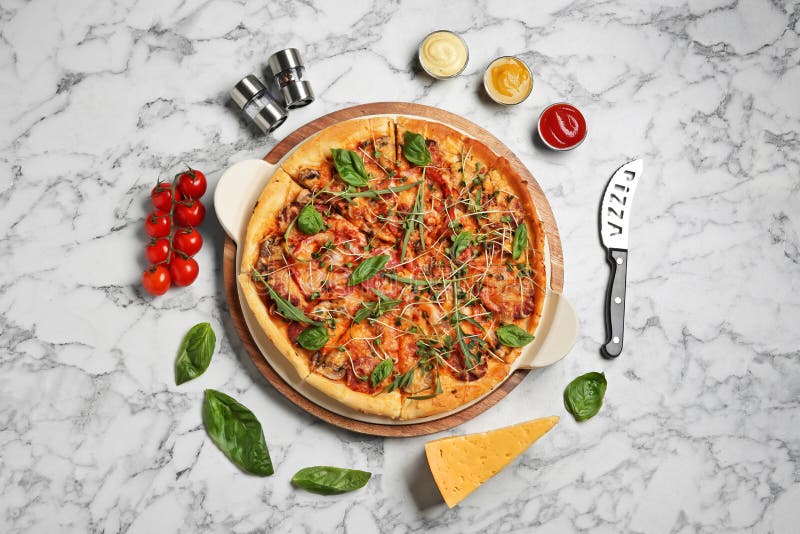 Flat lay composition with tasty homemade pizz stock images Flat lay composition with tasty homemade pizz stock images