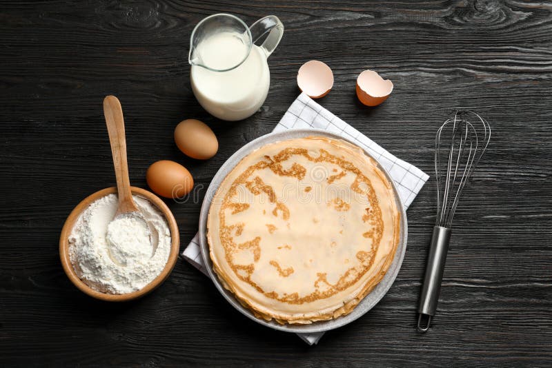 Flat Lay Composition with Thin Pancakes and Ingredients Stock Image ...