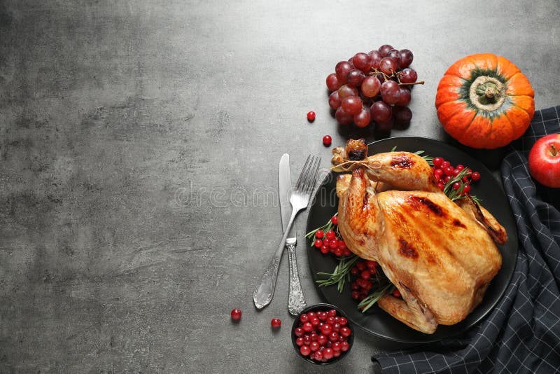 Flat Lay Composition With Turkey On Grey Background. Happy ...
