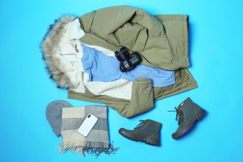 Flat Lay Composition with Warm Clothes for Winter Vacation Stock Image