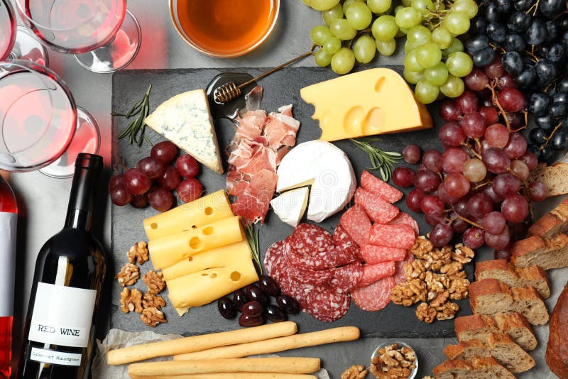 Flat Lay Composition with Wine and Snacks on Grey Background Stock Image Image of lifestyle