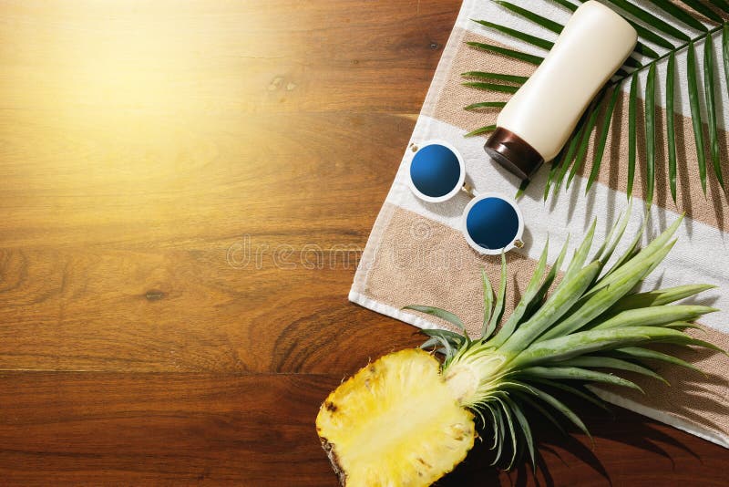 Flat lay of different items for beach vacations stock photo