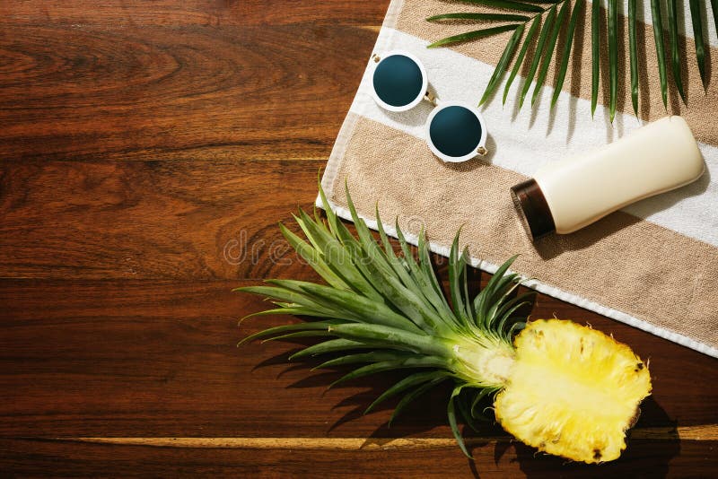 Flat lay of different items for beach vacations royalty free stock image