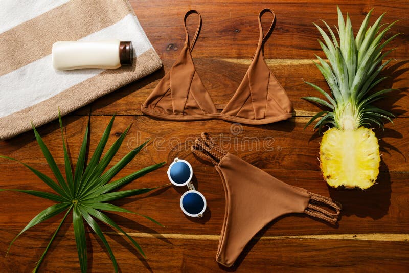 Flat lay of different items for beach vacations stock image