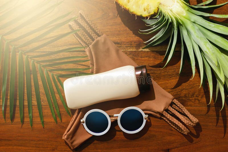 Flat lay of different items for beach vacations stock photo