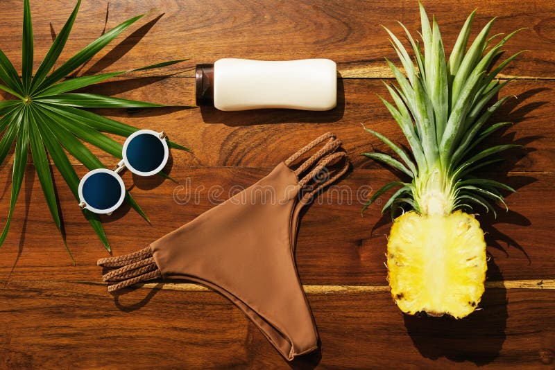Flat lay of different items for beach vacations royalty free stock photo