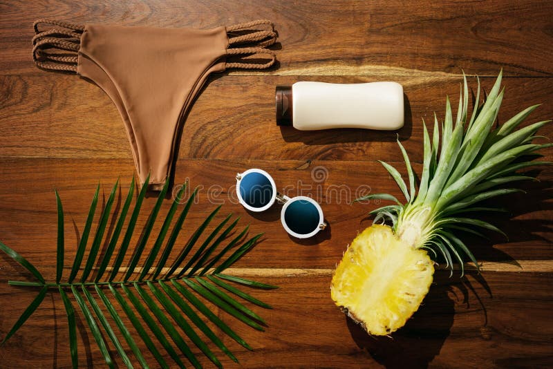Flat lay of different items for beach vacations stock image