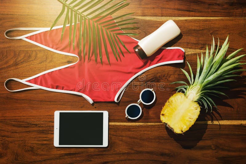 Flat lay of different items for beach vacations stock image