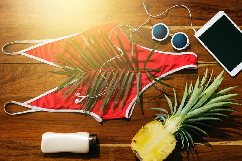Flat lay of different items for beach vacations stock photography