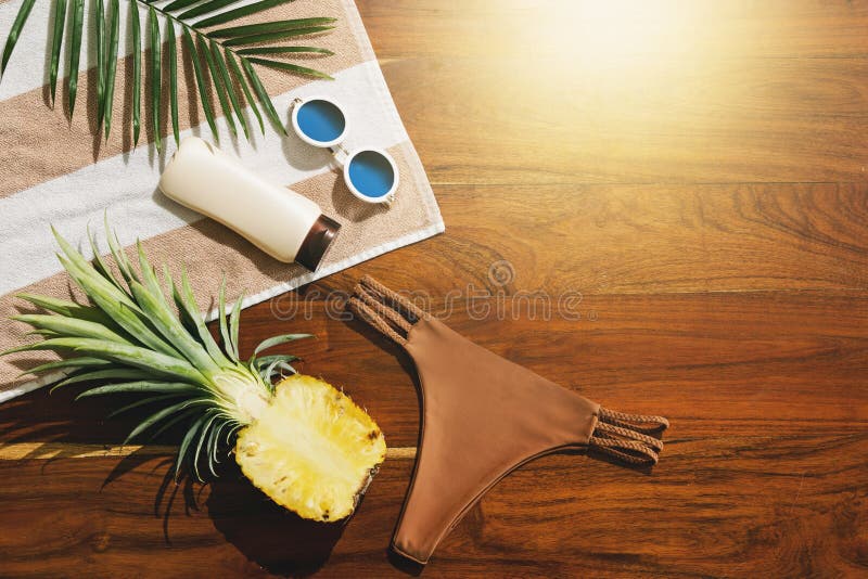Flat lay of different items for beach vacations royalty free stock photography