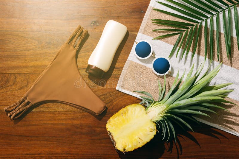 Flat lay of different items for beach vacations royalty free stock image