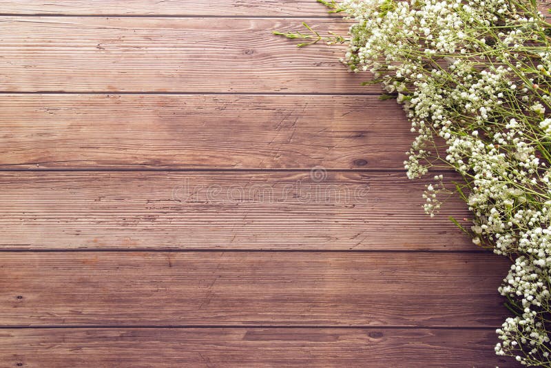 Flat lay of garden spring white tiny flowers on wooden plank table background with copy space, retro color style.