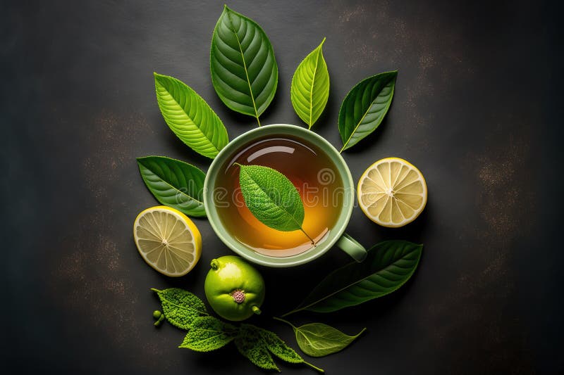 Flat Lay of a Healthy Light Green Tea Cup with Fresh Green Leaves Stock Illustration