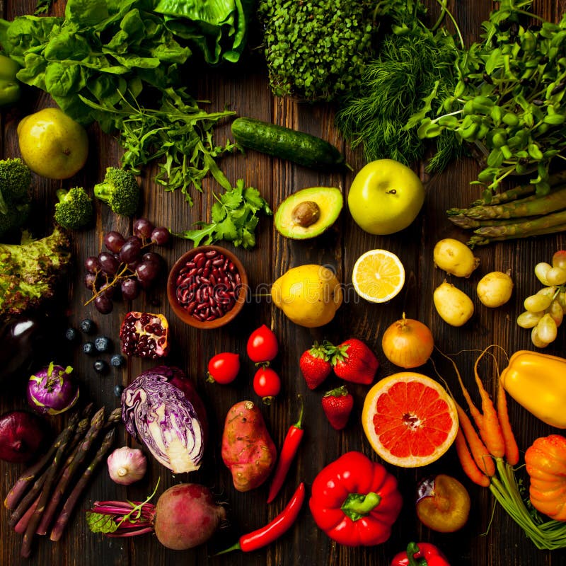 Fruits and Vegetablew on Dark Wooden Surface Stock Photo - Image of ...