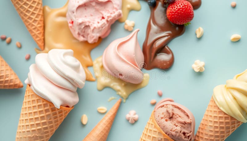 Flat lay of ice cream cones, scoops, and berries dessert summer top view art. Stock Photo, Generative AI royalty free illustration