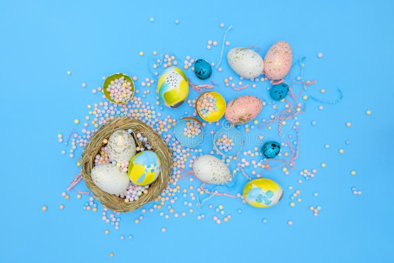 Flat Lay Image Composition of Easter Eggs, Colorful Foam Balls. Modern Minimal Design Template