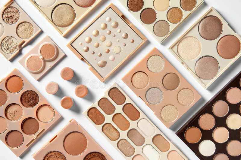 A flat lay image showcasing various contouring and highlighting palettes organized on a white background. Generative AI stock photos