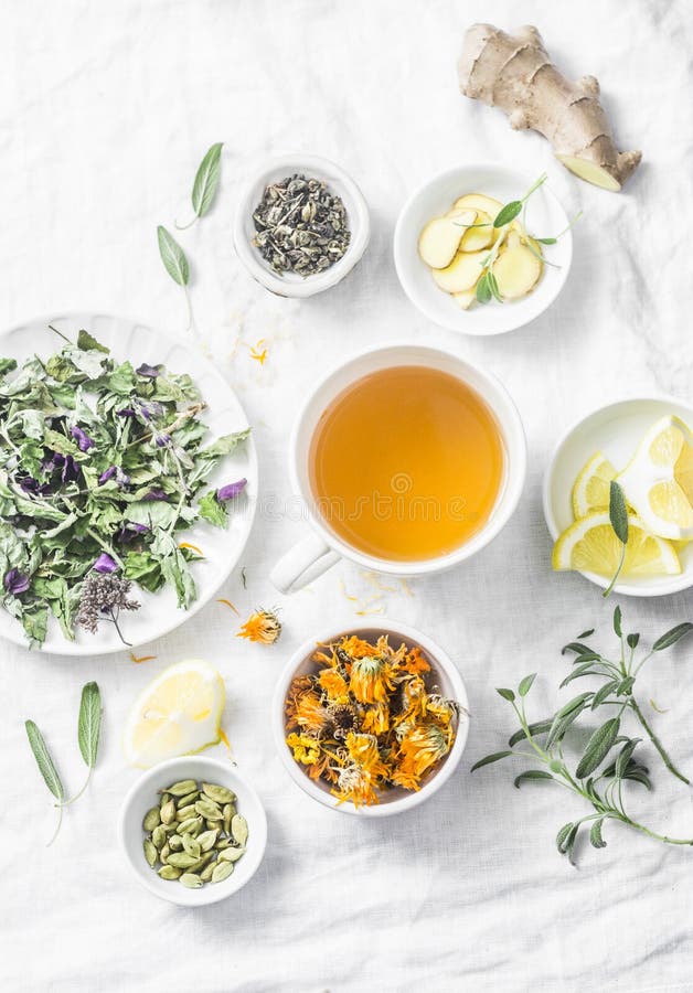 Flat lay liver detox antioxidant tea and the ingredients for it on a light background, top view.