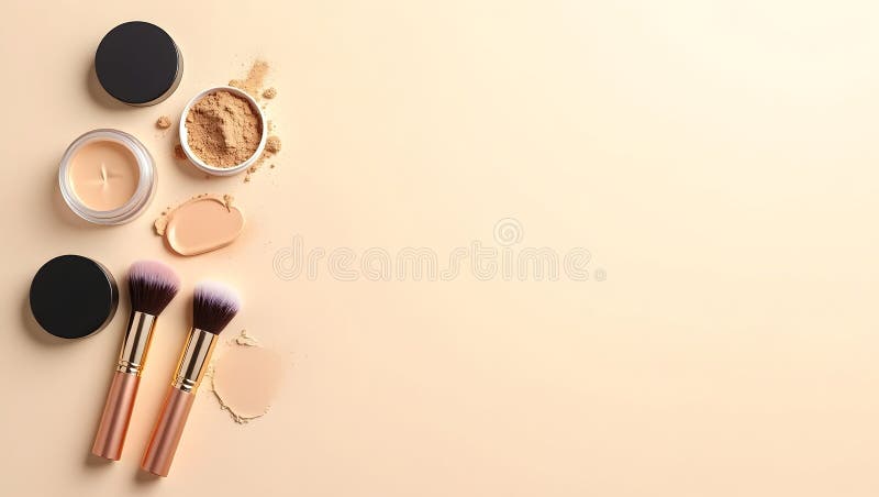 Flat Lay Makeup Products on Beige Background stock illustration