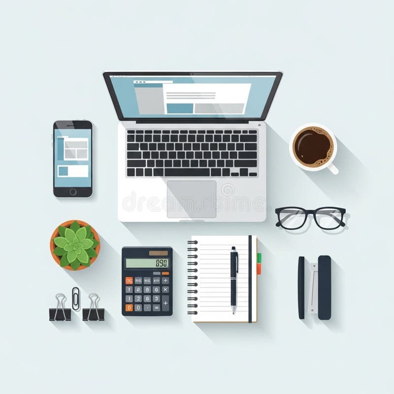 A flat lay of office essentials: a laptop with a website displayed, a smartphone royalty free illustration